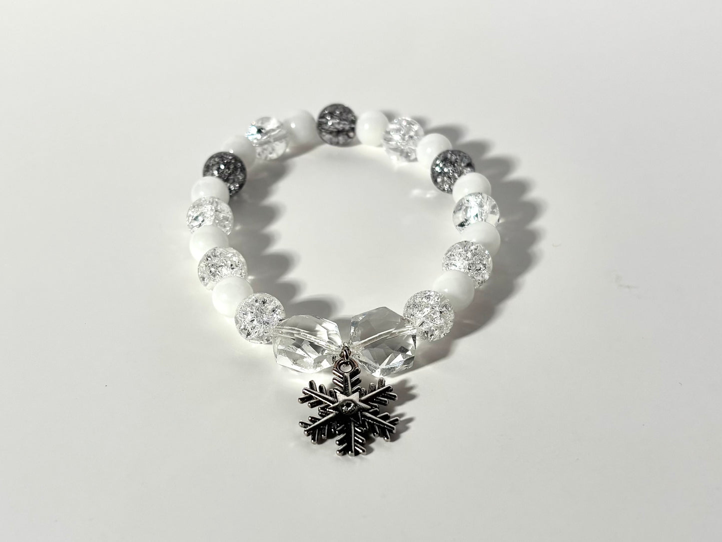 White Jade Bracelet with Dark Grey Glass Beads and Snowflake Charm