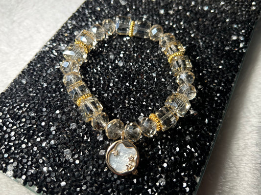 Crystal Bracelet with Shell Pearl Gold Stars Medallion Charm