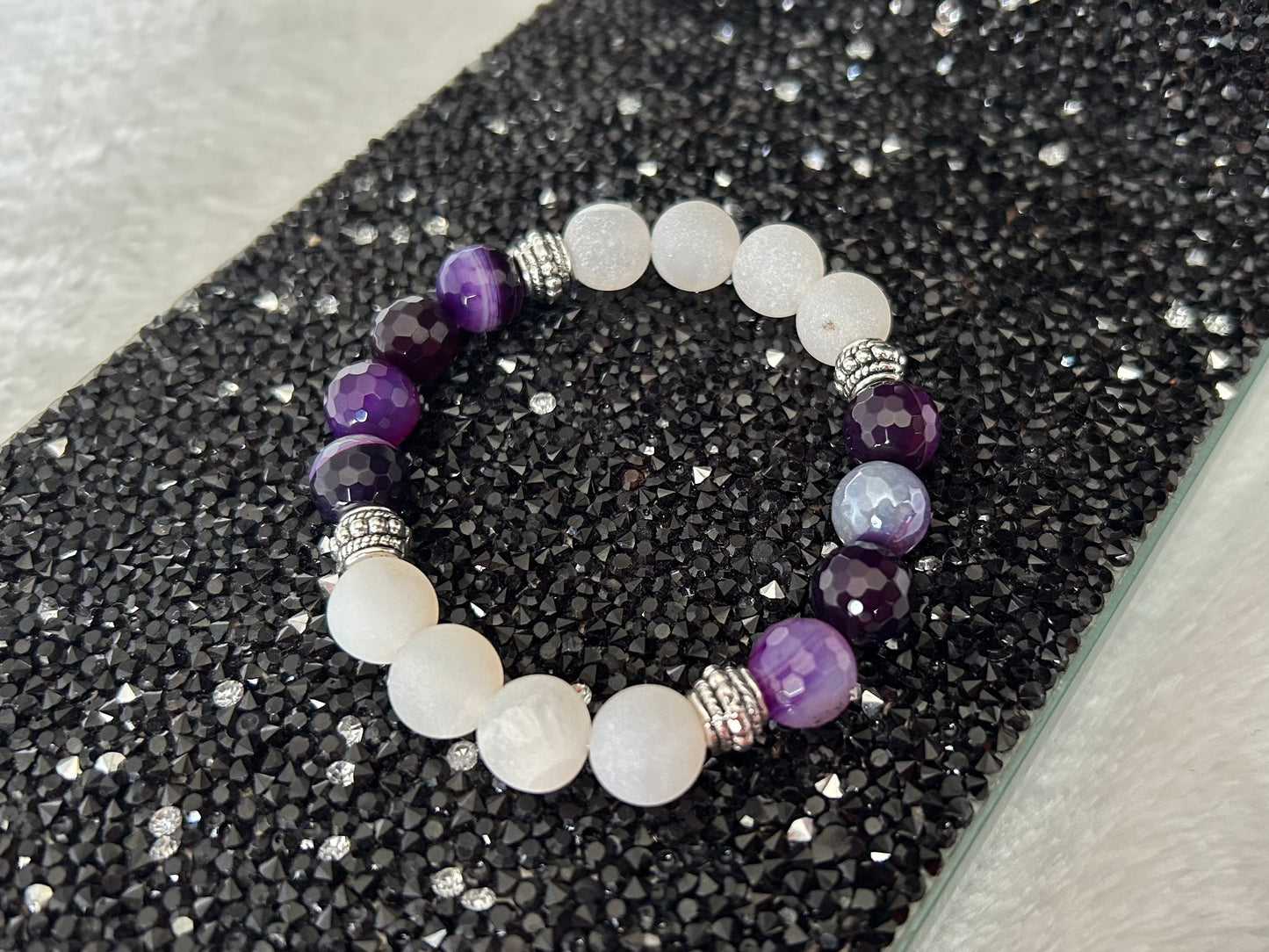 Faceted Purple Agate and White Druse Agate Bracelet