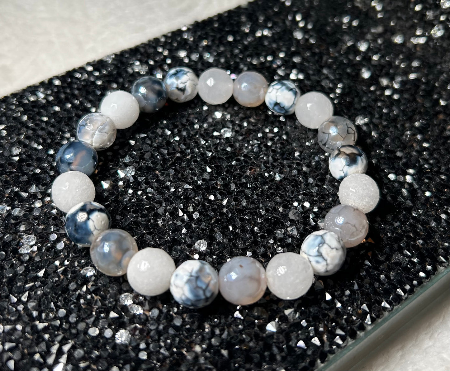 Faceted Silver Agate, Black and White Fire Agate, White Jade Bracelet