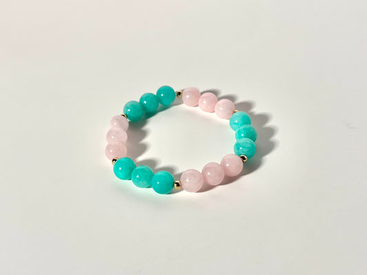 Pink Jade & Turquoise-Colored Jade Bracelet with Gold-Filled Beads
