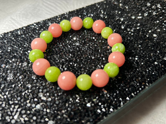 AKA inspired | 10mm Apple Green Jade and 12mm Salmon Pink Jade Bracelet