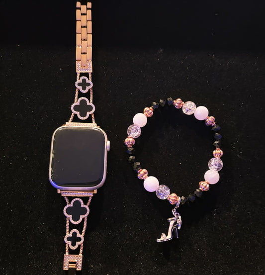 Rose gold Apple watch band set with clover design