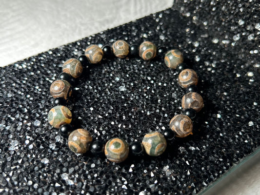 Inner Peace | Tibetan Green Eye Agate and Black Rainbow Obsidian Bracelet