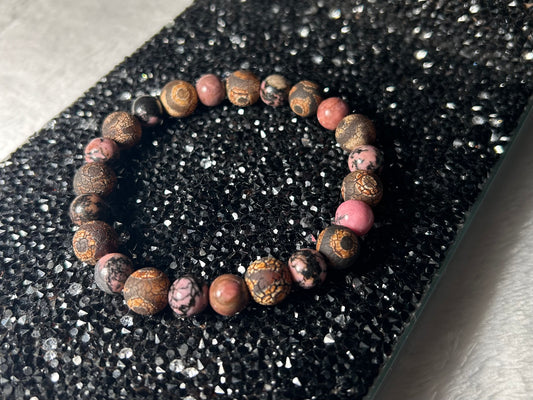 Tibetan Dzi Agate and Rhodonite Bracelet